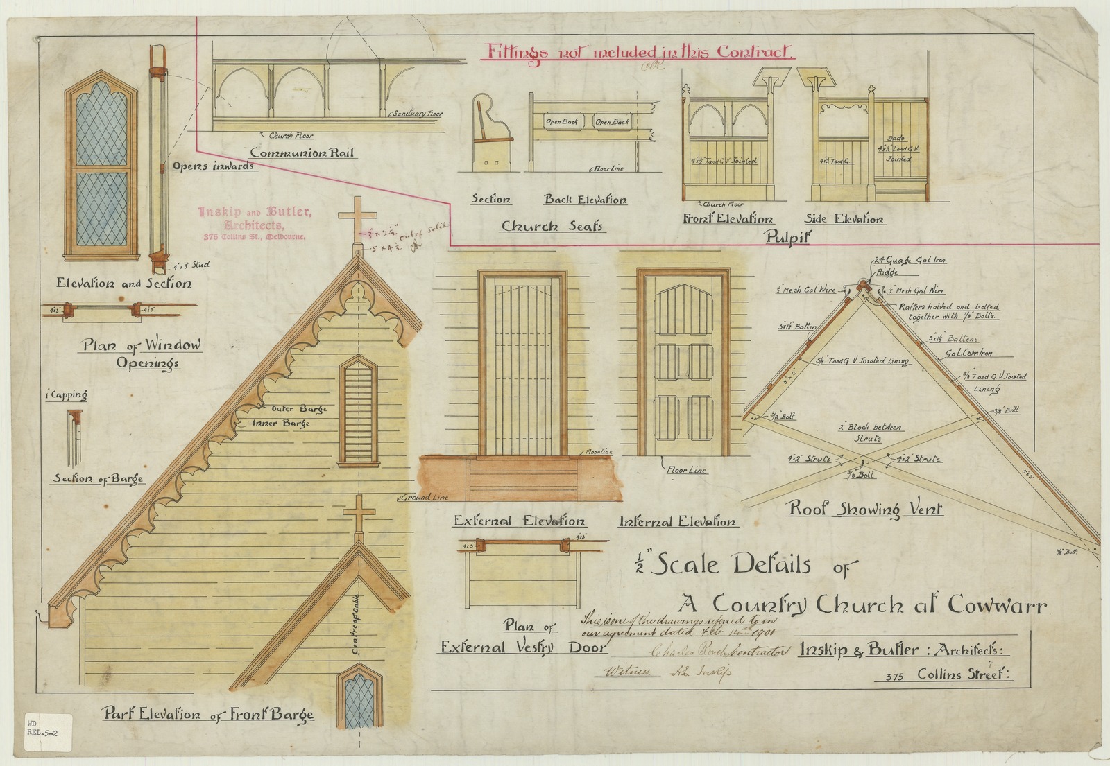 Architectural plans for design for a country church at Cowwarr