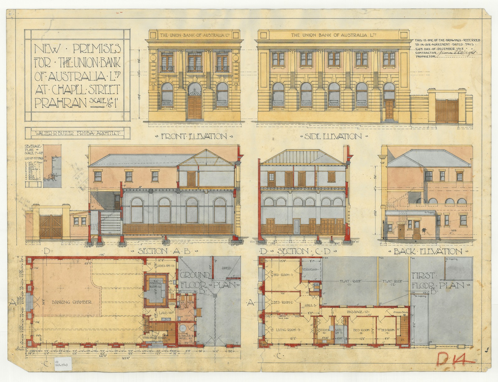 Architectural plans for new premises for the Union Bank of Australia Ltd at Chapel Street Prahran