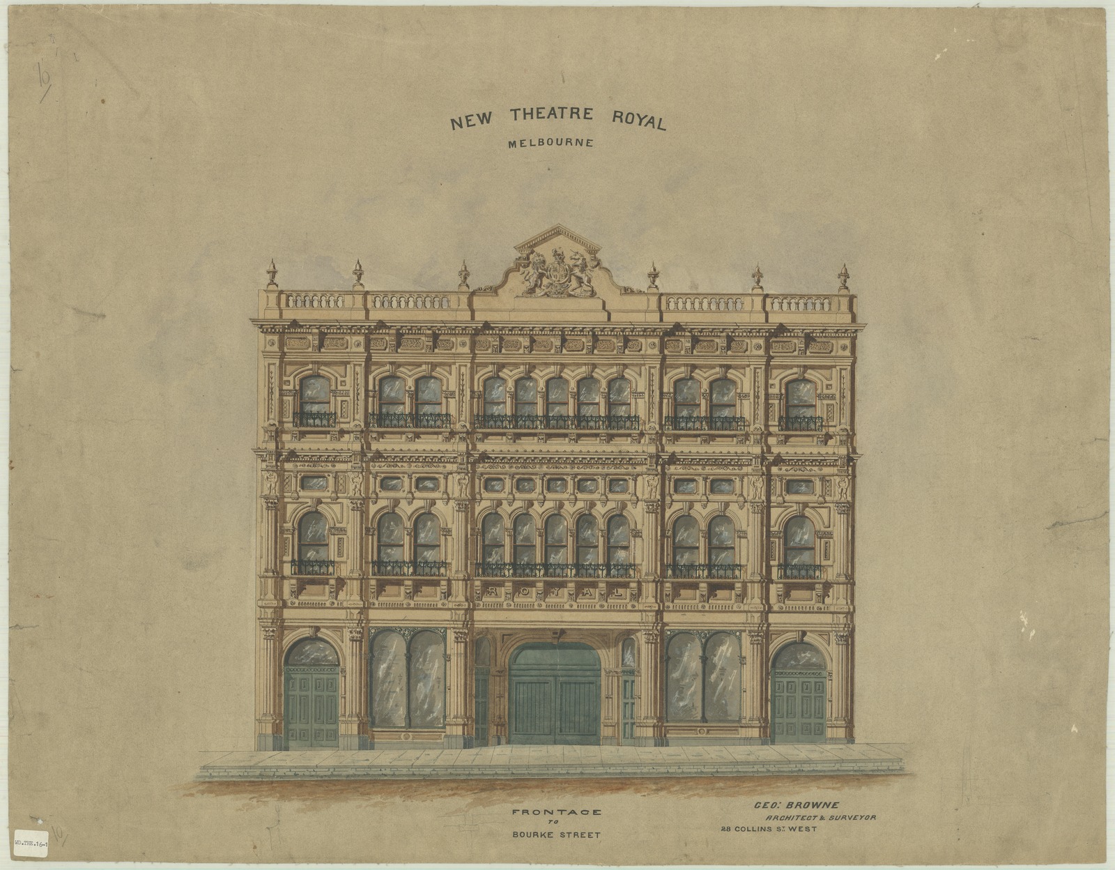 Architectural drawings for the Theatre Royal Bourke Street Melbourne by George Browne with alterations by William Pitt and others Geo Browne Architect