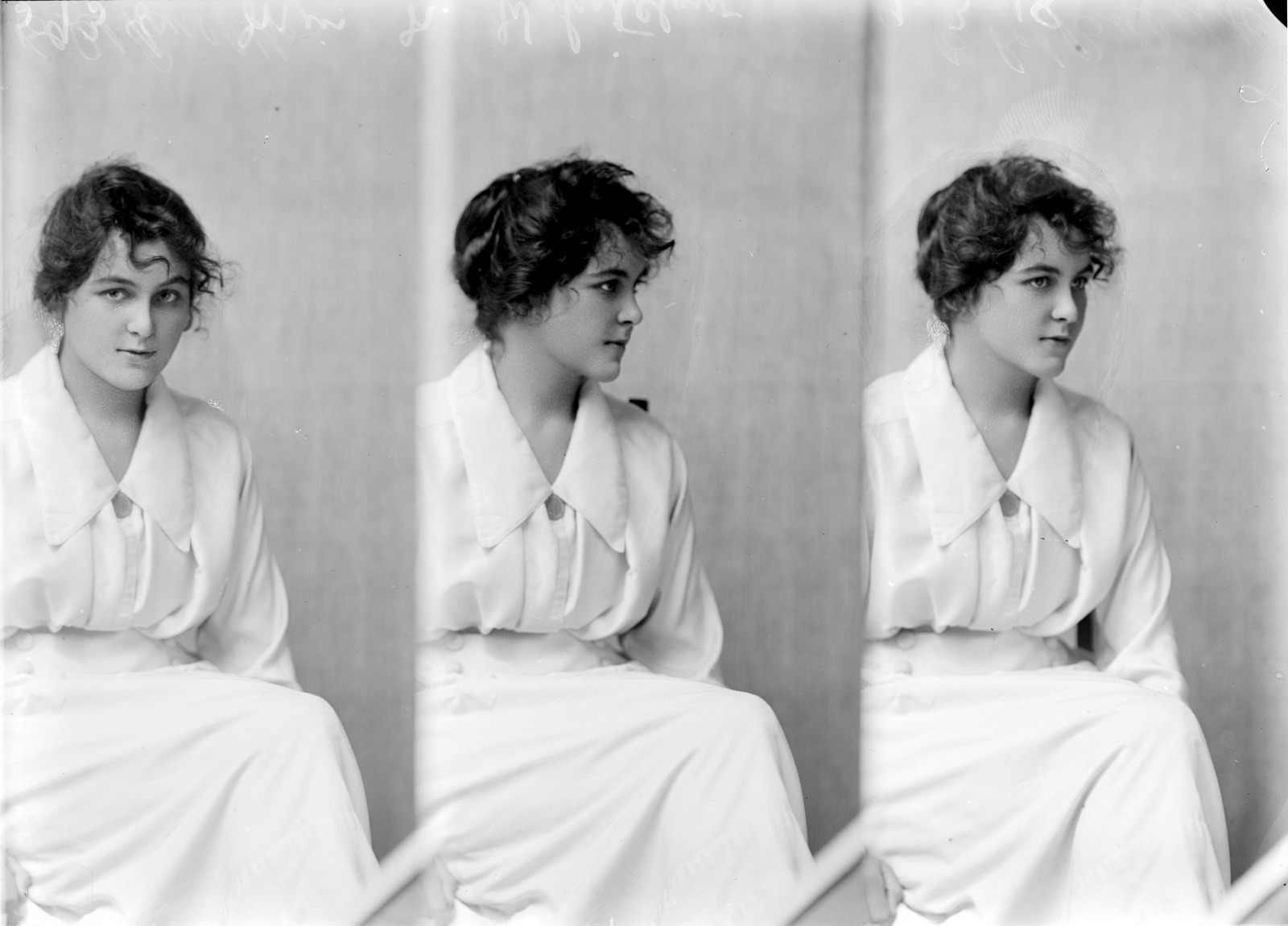 Black and white photograph, three images on one negative, woman three-quarter-length, to left, seated