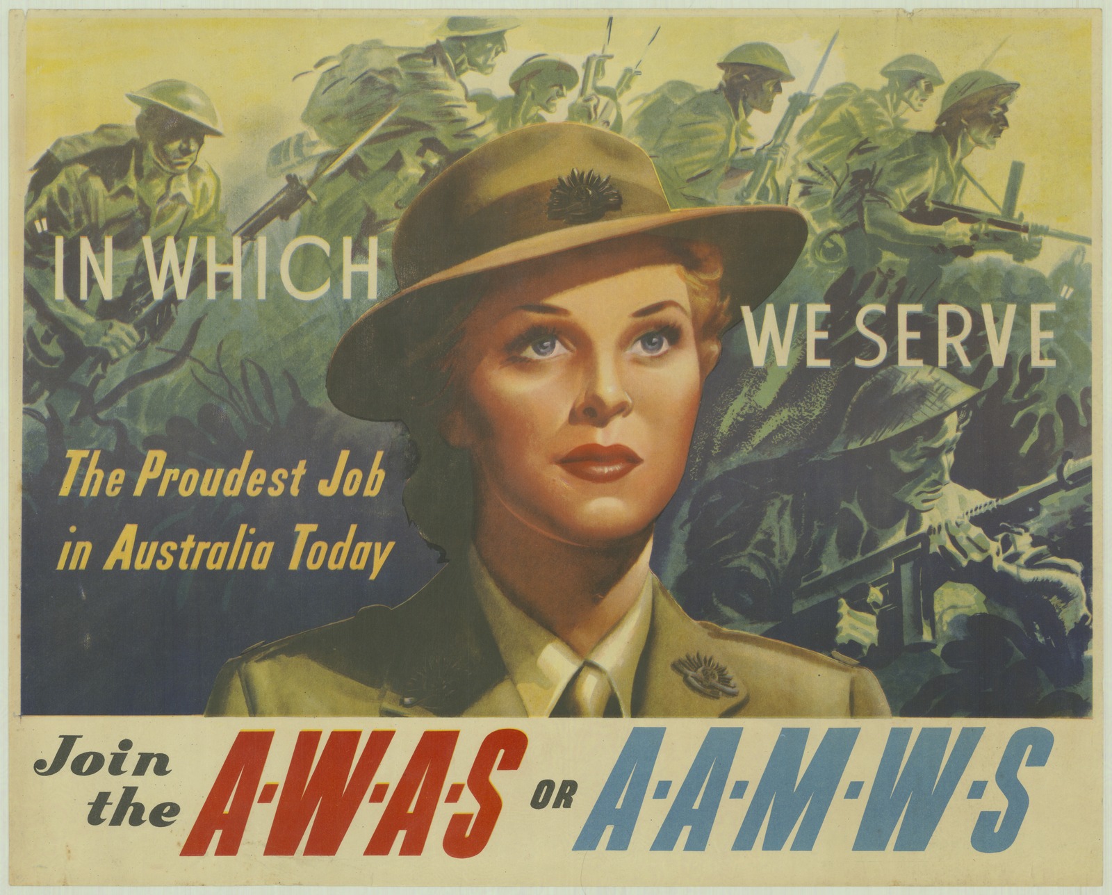 Poster depicting a woman in Australian Services uniform with combat soldiers holding rifles in the background