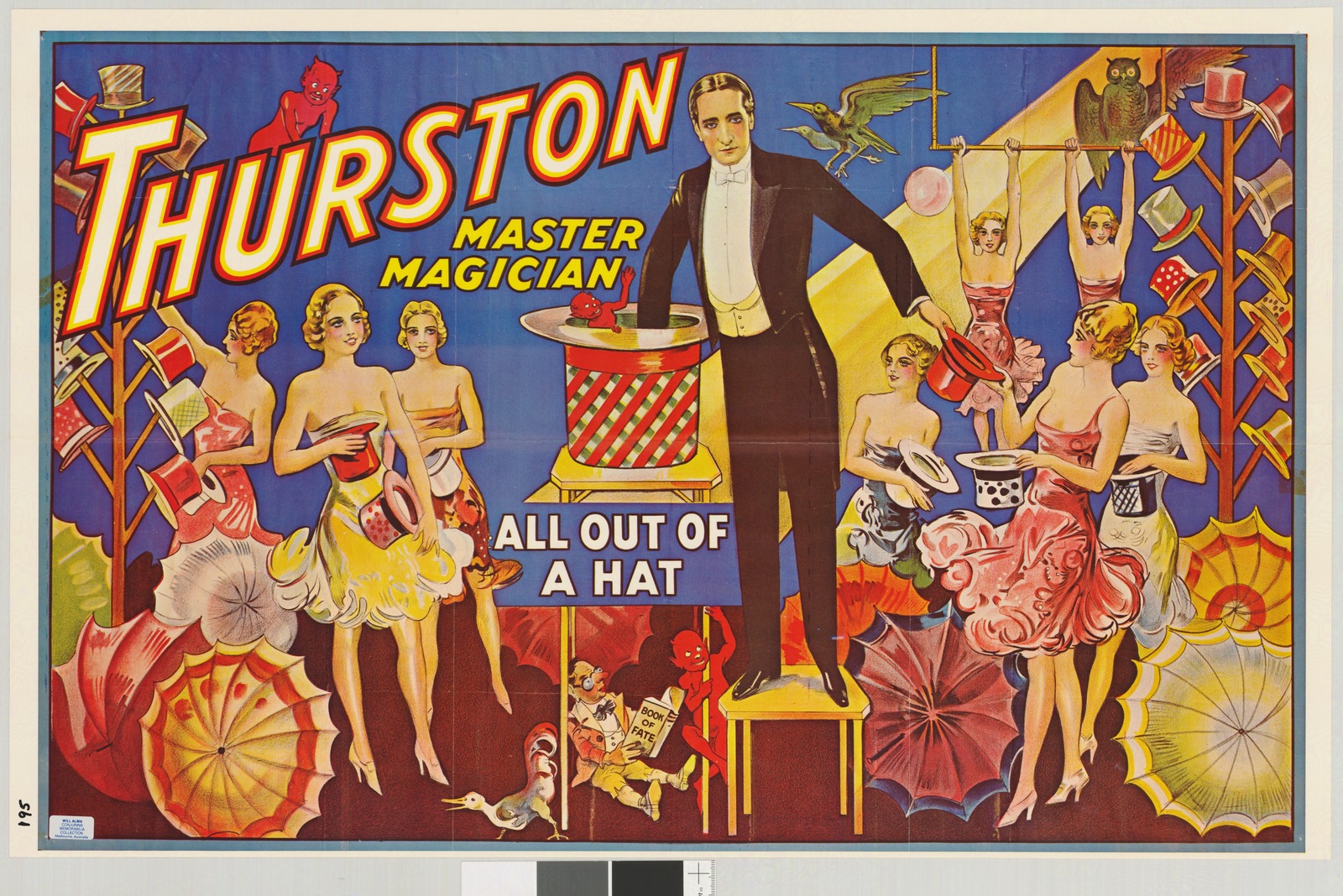 Poster promoting Thurston: master magician. Magician in tailcoat tuxedo surrounded by femail magician's assistants holding top hats.