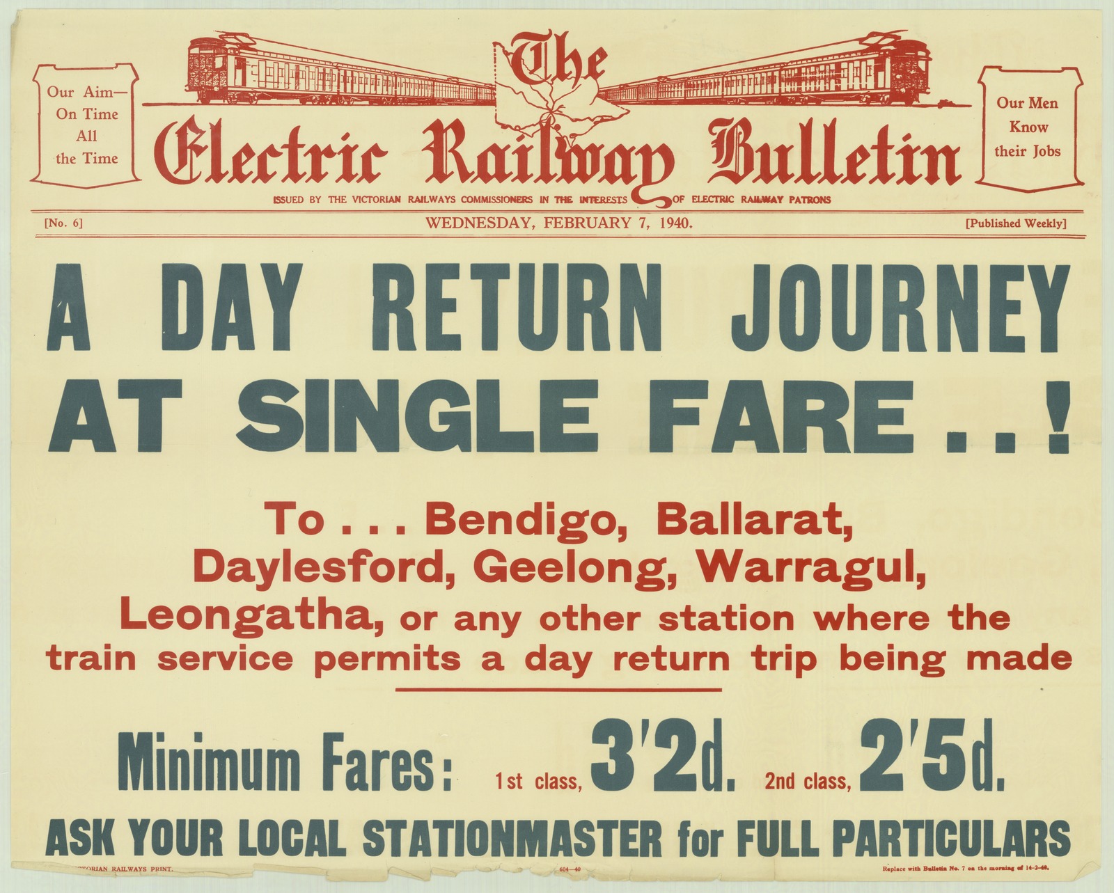 Victorian railways poster advertising 'A day return journey at single fare'