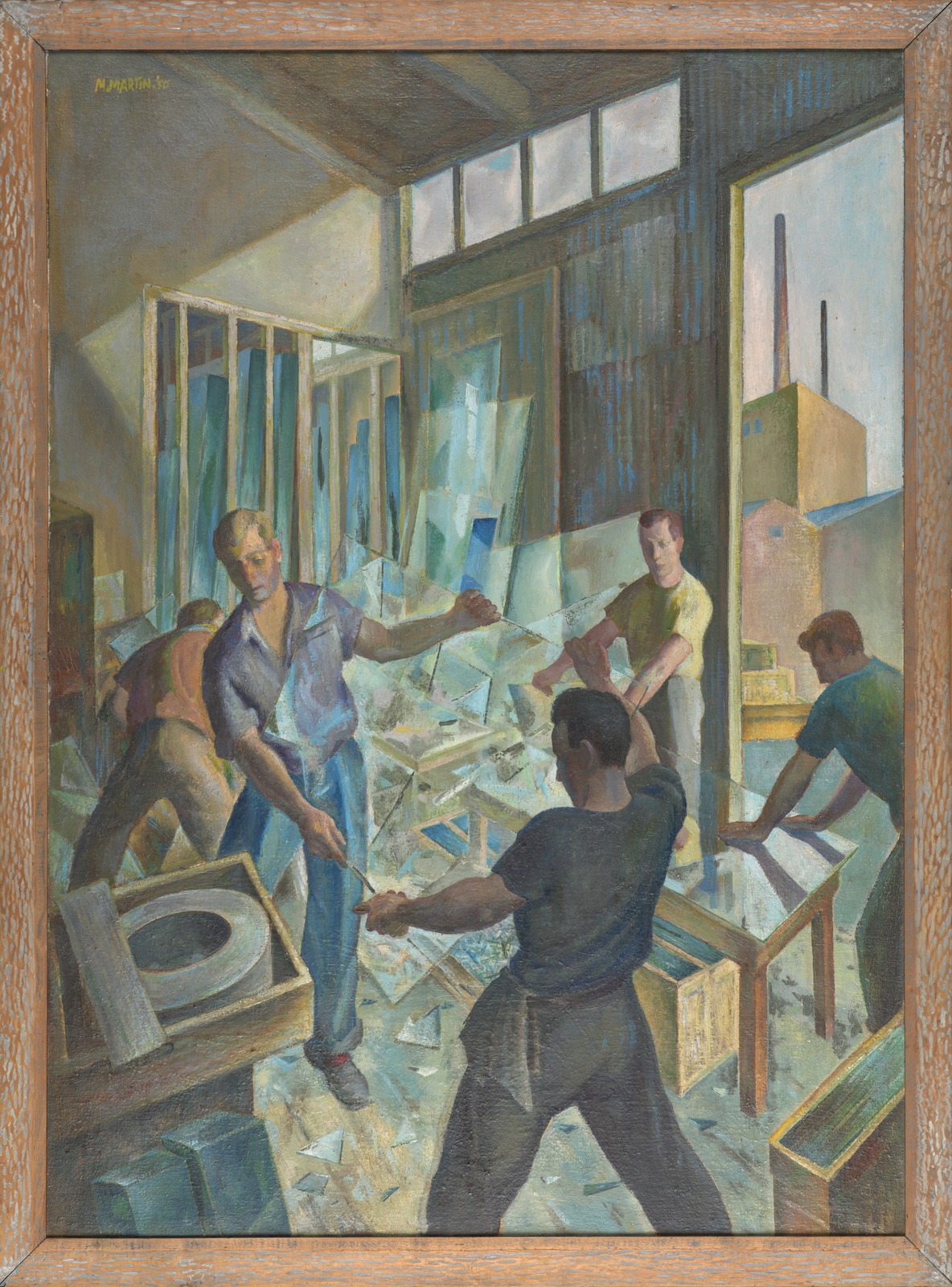 Painting of glassmakers at the Silverwood and Beck factory, Collingwood. Interior of factory with five glassworkers, three are lifting a large sheet of glass.