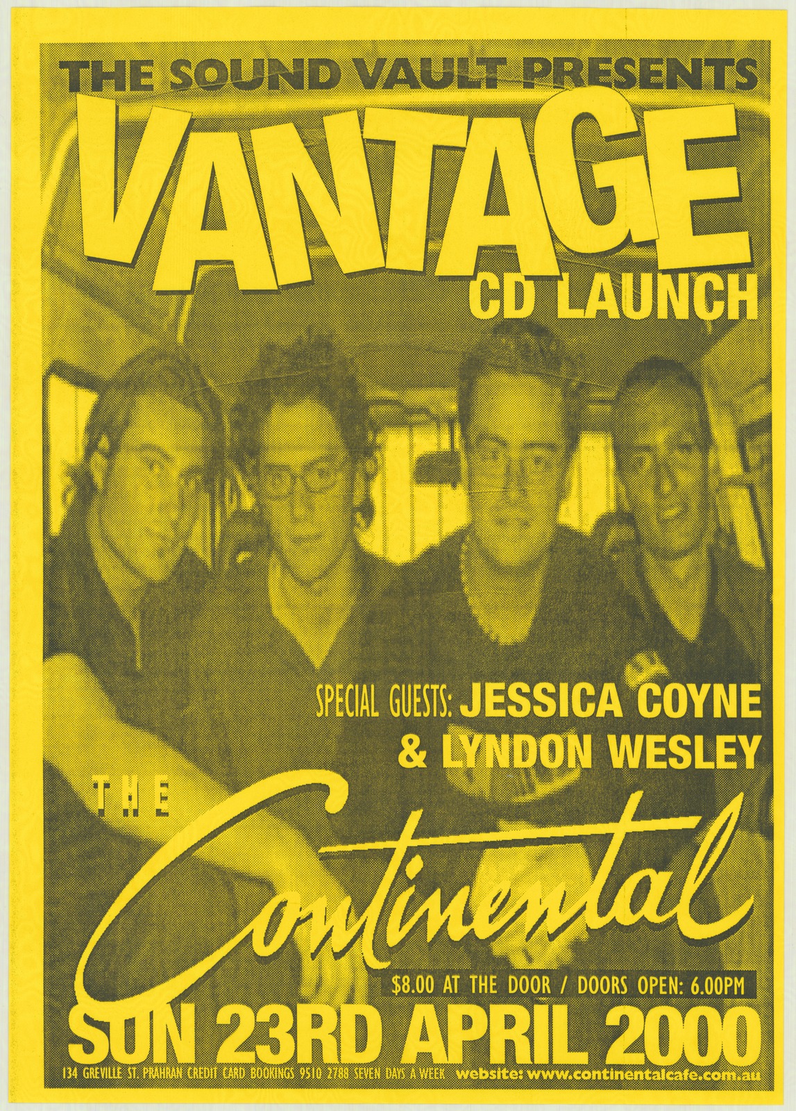 Poster advertising performance by the band Vantage at The Continental Café, Prahran, Victoria