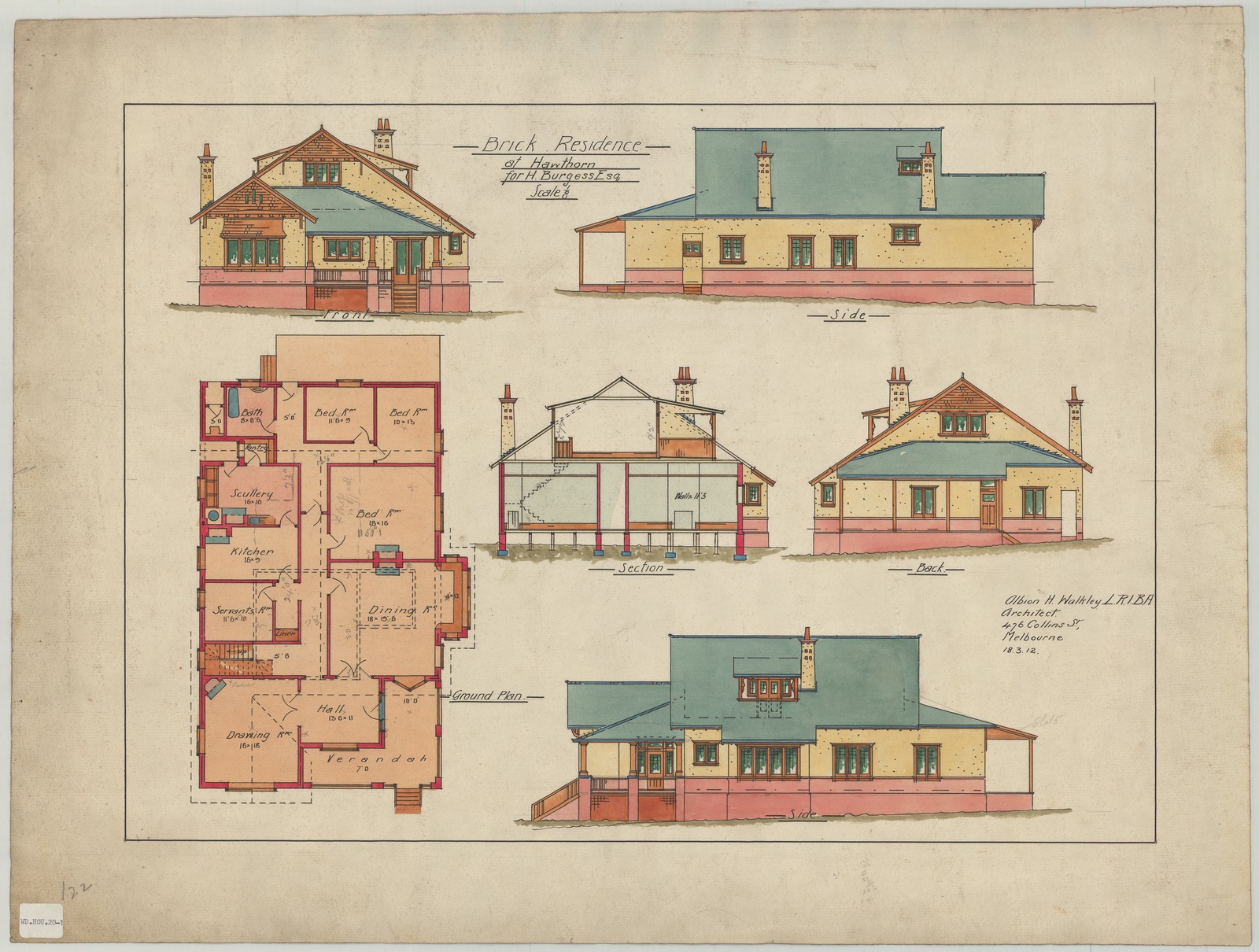 Architectural drawings of brick residence at [4 Elmie Street] Hawthorn for H. Burgess Esq