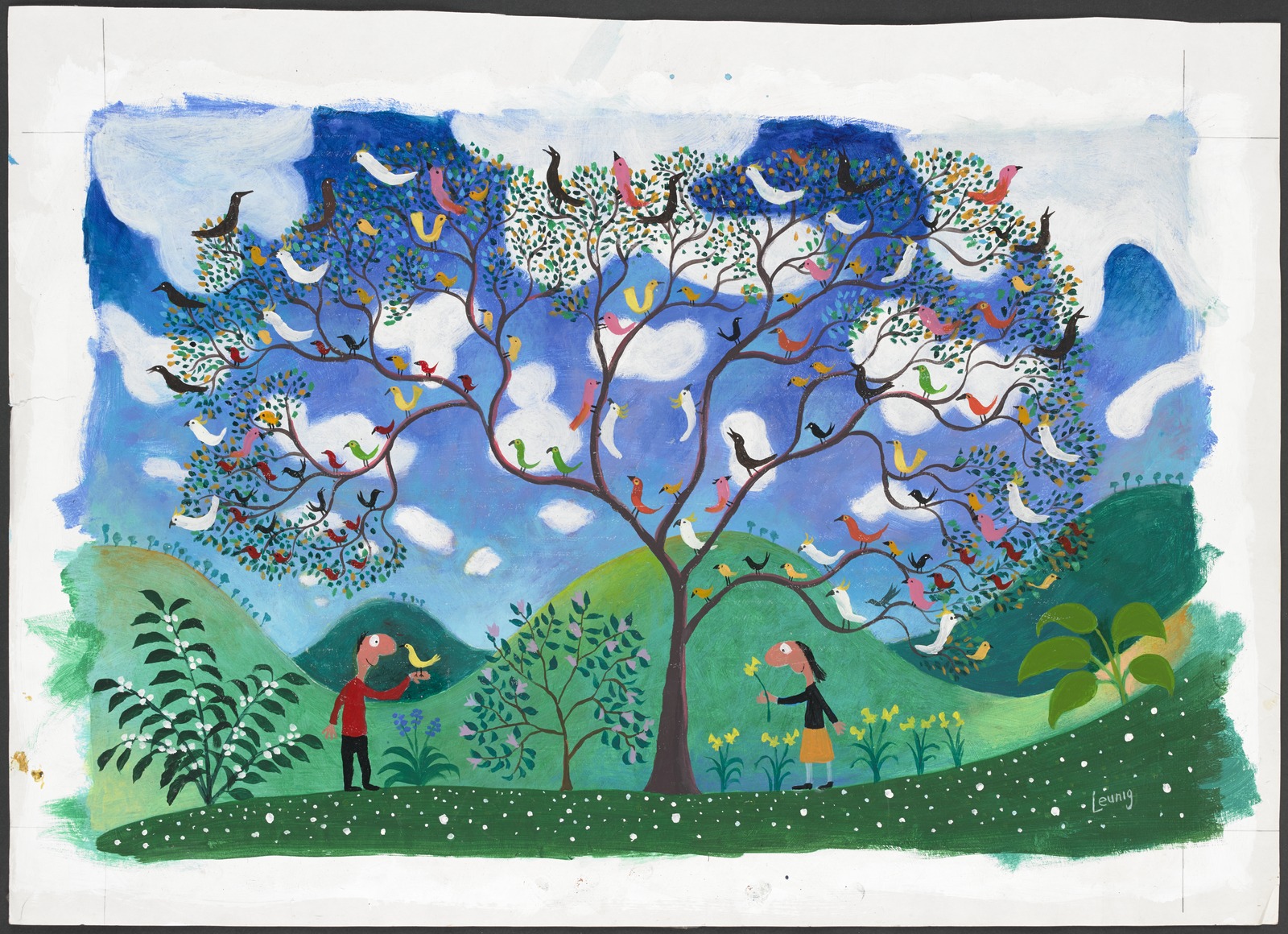 Watercolour and acrylic painting depicting two people standing below a tree full of colourful birds