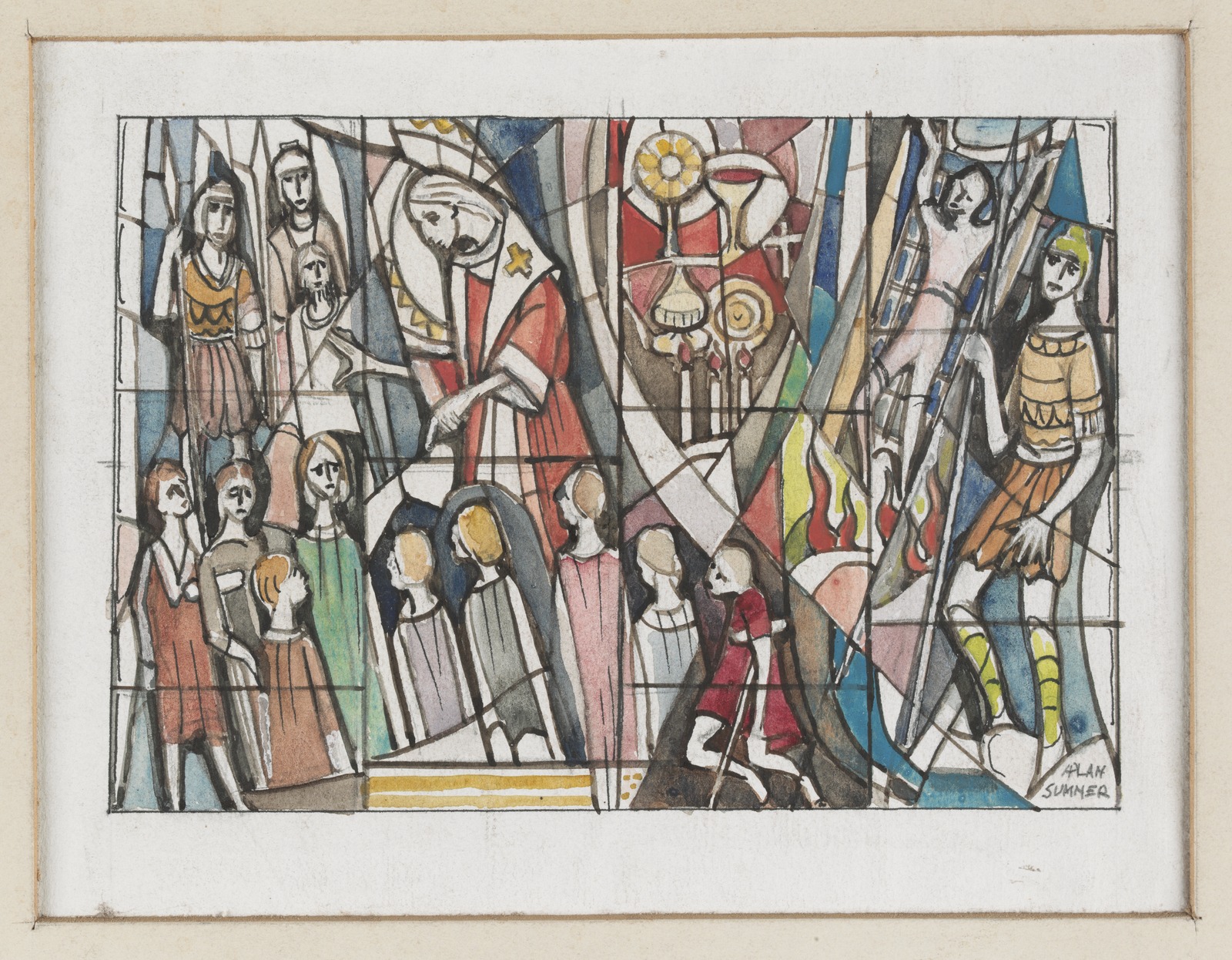 Illustration of a rectangular stained glass window divided into four vertical sections. Shows St. Laurence preaching to groups of soldiers and children and the accoutrements of the Eucharist.