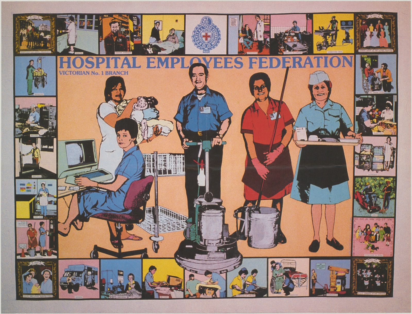 Hospital Employees Federation poster. ncludes illustrations of various trades covered by the Federation.