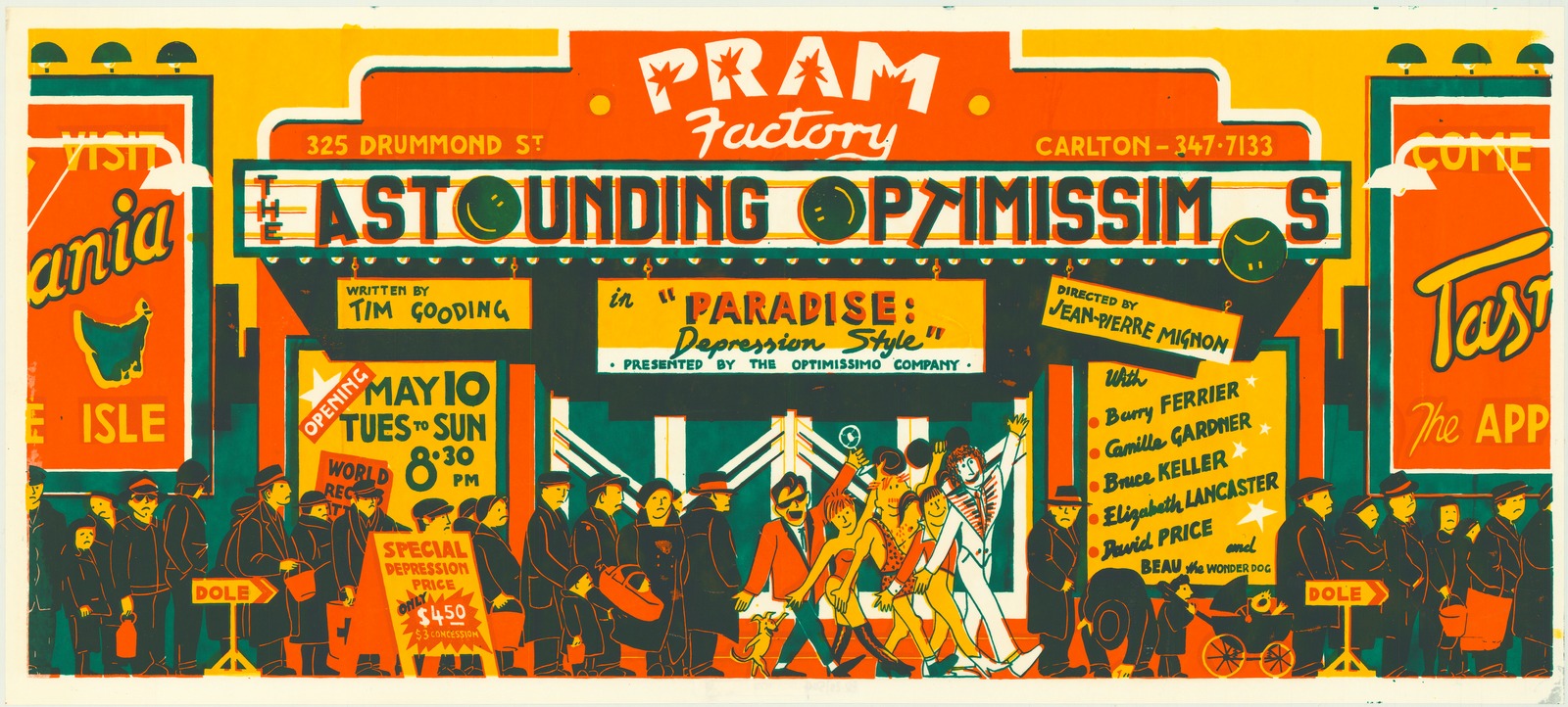 Poster advertising performances of the play by the Optimissimo Company at the Pram Factory, from 10 May 1979.