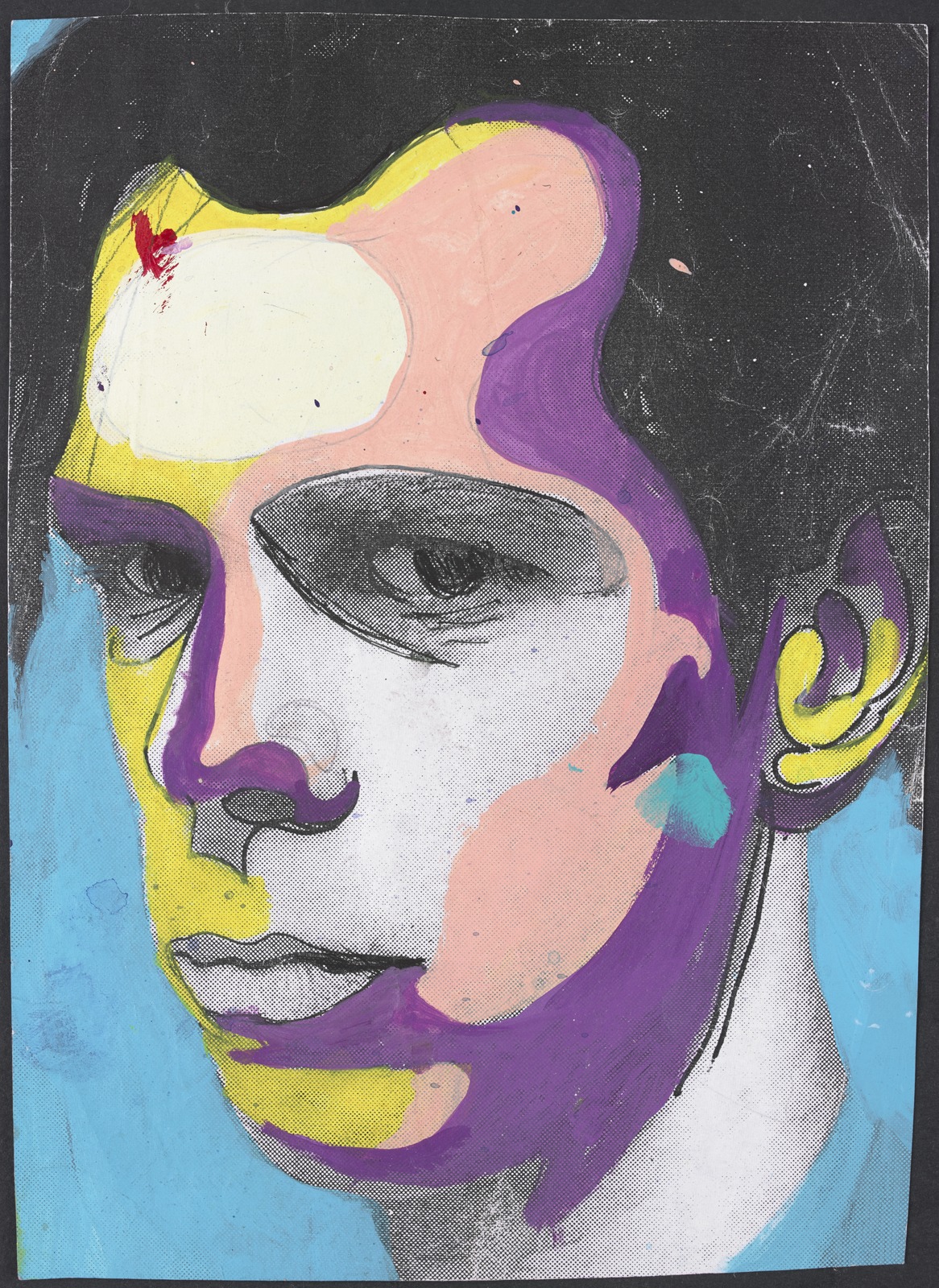 Illustration of the face of Australian singer Nick Cave with yellow, purple, pink and blue highlights