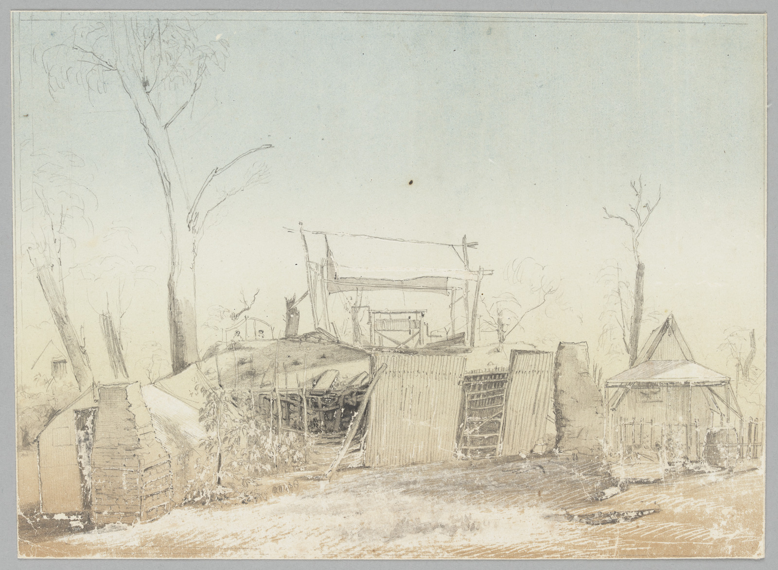 Illustration of crude huts with central hut appearing to have been burnt down, leaving part of a stone wall, corrugated iron wall, and collapsed timber. Windlass visible behind huts.