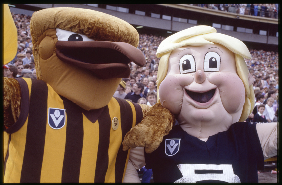 People wearing costumes of the Hawthorn Football Club and Carlton Football Club mascots at an Australian Rules Football match in front of a crowd of spectators