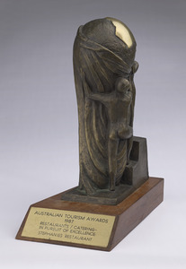 Bronze (?) statue - with plaque ‘Australian Tourism Awards 1987, restaurant/catering in pursuit of excellence - Stephanie’s Restaurant’. (Ballarat)