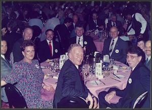 Group sitting around dining table, Alan Williams far right, Coles Myer 25 Year Club annual dinner, Southern Cross Hotel, Melbourne