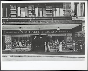 Exterior showing women shoppers in front of display windows of Coles Pitt Street Sydney Store No. 10