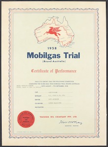 Certificate of Performance to certify completion in the 1958 Mobilgas Trial Round Australia by G J Coles &amp; Co Ltd