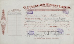 &quot;Share certificates G. J. Coles &amp; Coy. Limited of Maxwell Baird Moffatt, Robert Ottiwell Ramsay, Robert Stuart Betty, Emily James, Isabel Hill, Eliza Ann Benson Booth, Thomas Beaumont McCarthy, Eileen Mary Cummins and George Lyon Walker Sidey&quot;